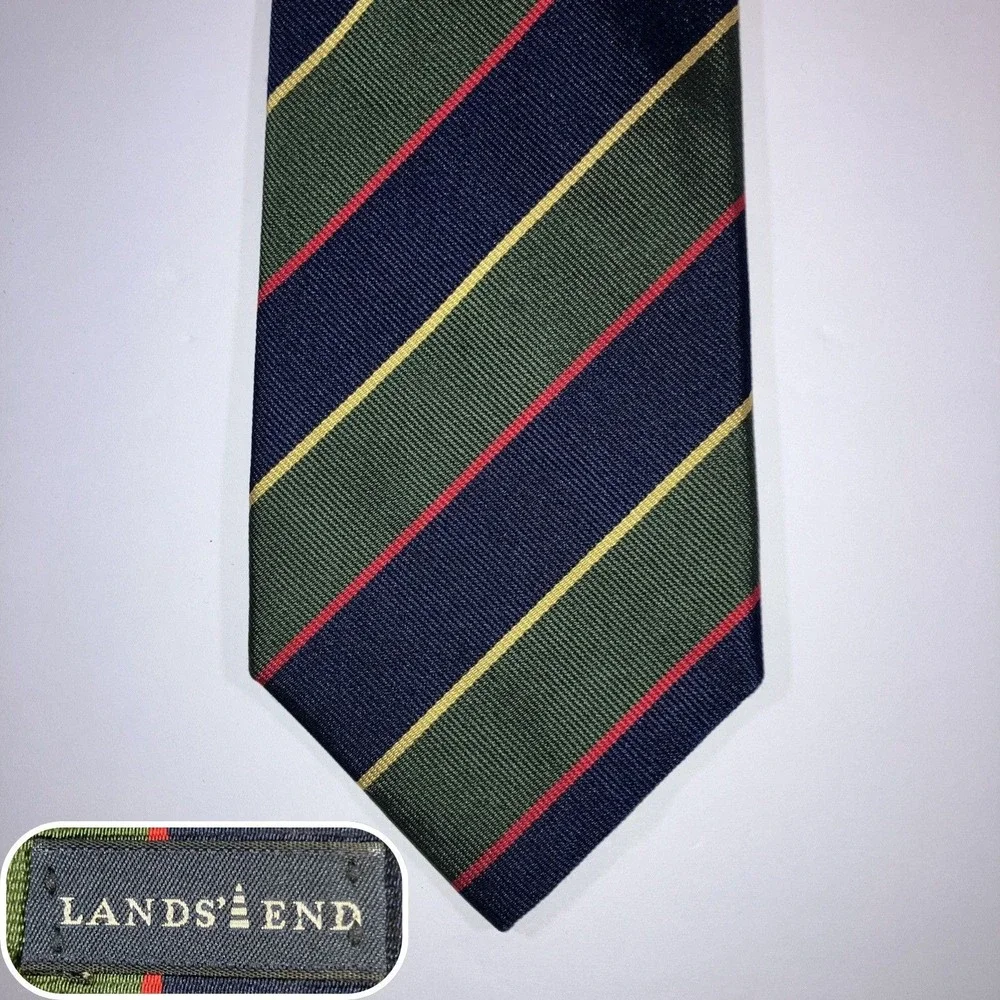Vintage Lands' End Hand Sewn Repp Silk Tie Navy Green Regimental Stripe USA